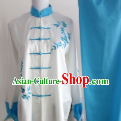 Blue Flower Embroidery Long Sleeves Kung Fu Uniform Complete Set