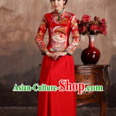 Classical Red Phoenix Wedding Mandarin Dress and Skirt Complete Set for Brides