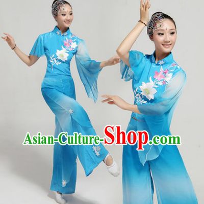 Blue Chinese Group Fan Dance Costumes and Headwear Complete Set for Women