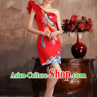 One Shoulder Phoenix Embroidery Wedding Dress for Brides
