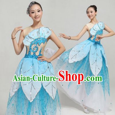 Blue Fan Dance Group Dance Costumes and Headwear Complete Set for Women