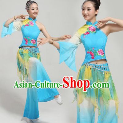 Blue Fan Dance Group Dance Singing Group Performance Costumes and Headwear Complete Set for Women