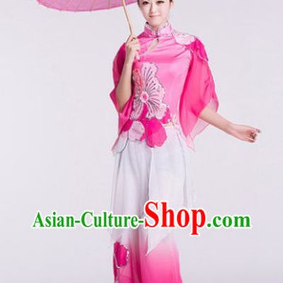 Pink Chinese Umbrella Dance Costumes and Hair Accessories for Women