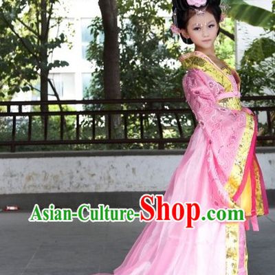 Pink Ancient Chinese Princess Costumes and Hair Accessories Complete Set for Children