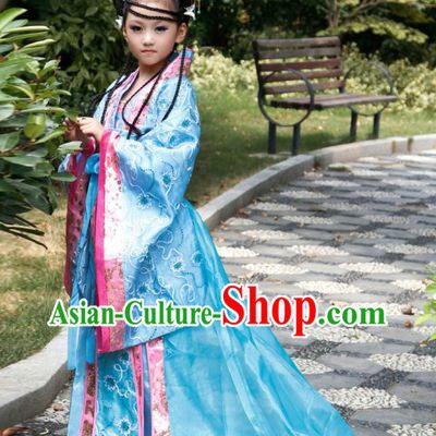 Blue Ancient Chinese Princess Costumes and Hair Accessories Complete Set for Children