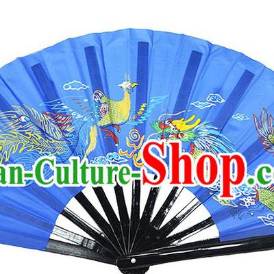 Blue Traditional Wushu Double Fans for Right and Left Hands