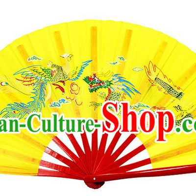 Yellow Traditional Wushu Double Fans for Right and Left Hands