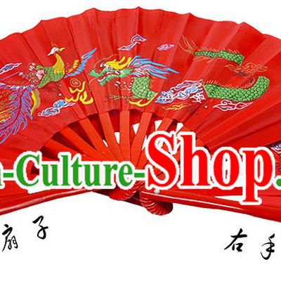 Red Traditional Wushu Double Fans for Right and Left Hands
