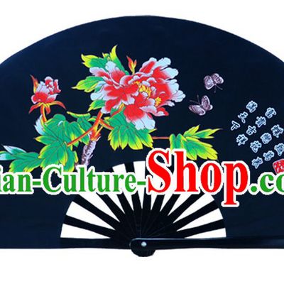 Black Traditional Kung Fu Double Fans Peony Pattern for Right and Left Hands