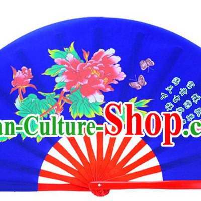 Blue Traditional Kung Fu Double Fans Peony Pattern for Right and Left Hands