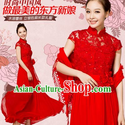 Traditional Chinese Romantic Long Red Lace Wedding Dress