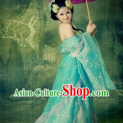 Ancient Chinese Tang Dynasty Beauty Blue Clothes and Accessories for Women