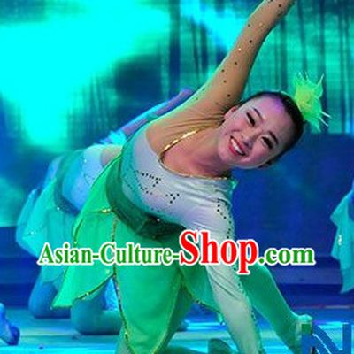Chinese Classic Bamboo Green Dancing Costumes and Headwear for Women