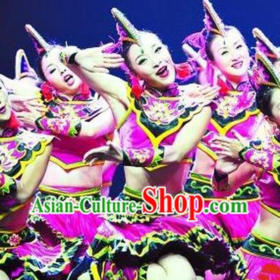 Chinese Folk Ethnic Dance Costumes and Headwear for Women