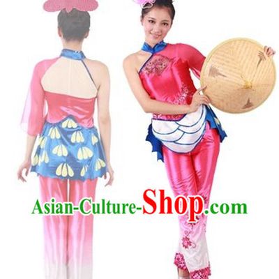 Traditional Recital Dance Costumes and Bamboo Hat for Professional Dancers