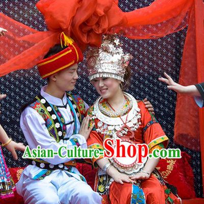 Traditional Chinese Miao Ethnic Wedding Dresses for Brides and Bridegroom