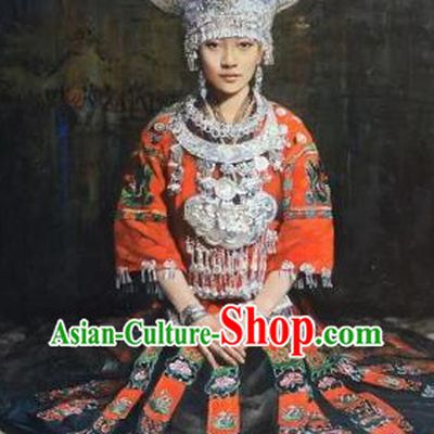 Traditional Chinese Miao Nationality Clothing and Silver Hat Complete Set
