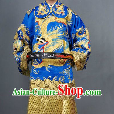 Blue Chinese Classical Peking Opera Embroidered Dragon Robe and Hat