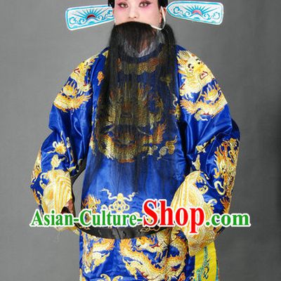 Blue Chinese Classical Peking Opera Embroidered Dragon Robe and Hat