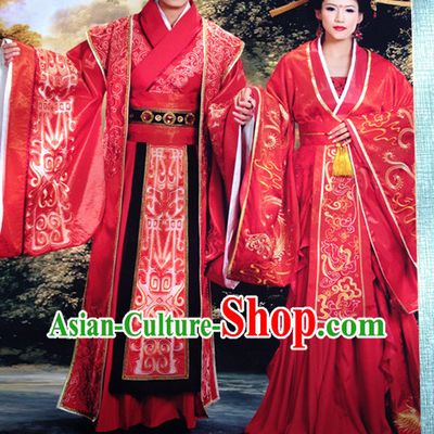 Chinese Classical Imperial Wedding Outfits and Crown Complete Sets for Bride and Bridegroom