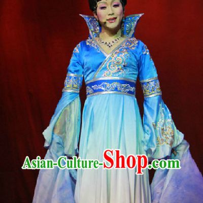 Blue High Collar Wide Sleeves Empress Long Trail Dresses and Hair Accessories Complete Set