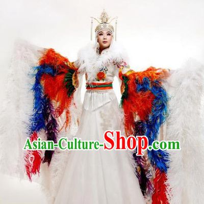 Long Trail Feather Royal Stage Performance Clothes and Hair Accessories Complete Set