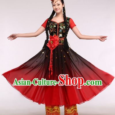 Chinese Classic Red Stage Performance Xinjiang Dancing Suit and Hat