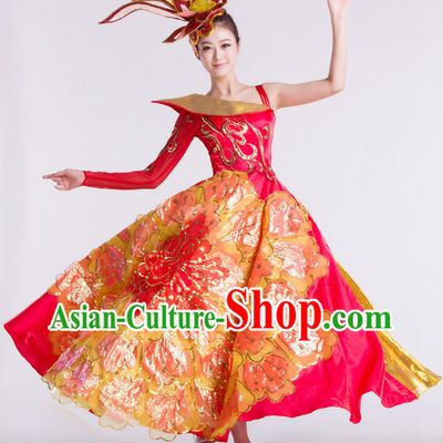 Chinese Opening Stage Performance Dance Costumes and Headwear Complete Set