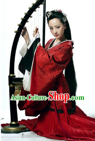 Ancient Chinese Romantic Red Wedding Dress and Headdress Complete Set