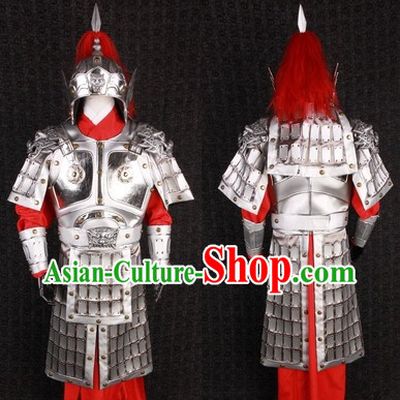 Ancient Chinese Silver General Armor Outfits and Helmet Complete Set