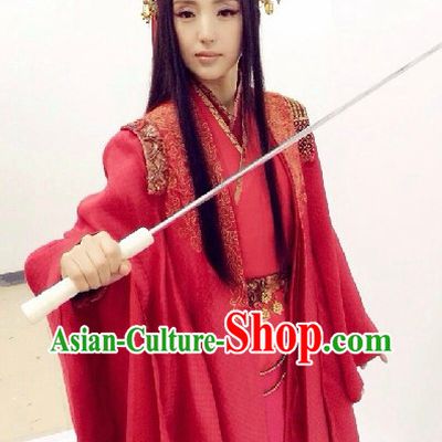 Ancient Chinese TV Drama Red Wedding Dress and Headdress Complete Set