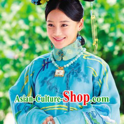 Qing Palace Imperial Princess Blue Dresses and Headdress Complete Set