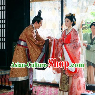 Chinese Han Clothing Husband and White Royal Family Dresses and Hair Accessories Complete Set