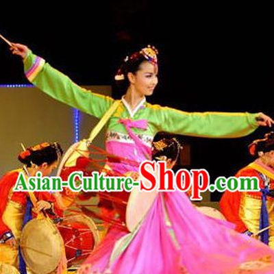 Professional Stage Performance Korean Ethnic Long Drum Dance Costumes and Headwear Complete Set