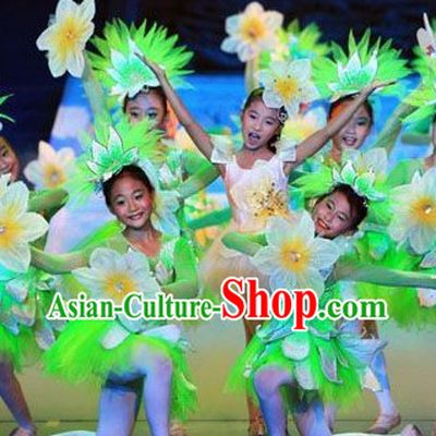 White and Green Jasmine Flower Dancewear Costume and Headwear Complete Set for Kids