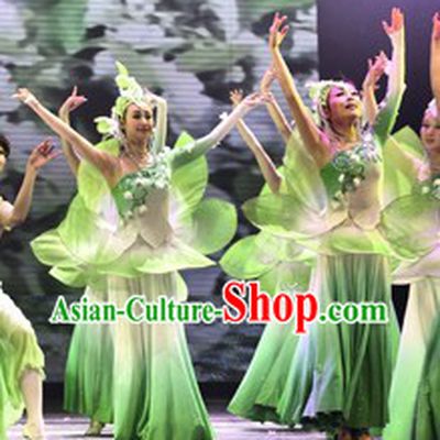 White and Green Jasmine Flower Dancewear Costumes and Headwear Complete Set for Women