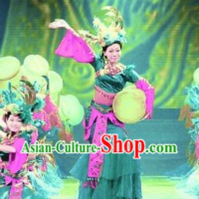 Chinese Ethnic Drum Dance Costume Dancewear and Headdress Complete Set
