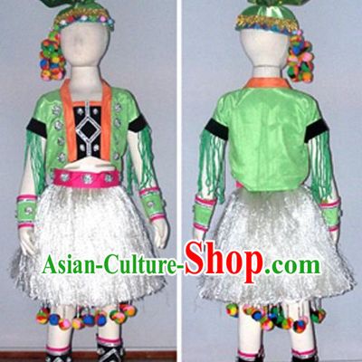 Chinese Ethnic Minority Dance Costume Dancewear and Headdress Kids Showcase Complete Set