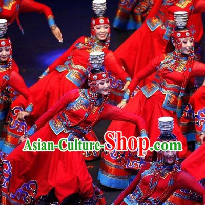 Mongolian Red Dance Costumes and Headdress Complete Set