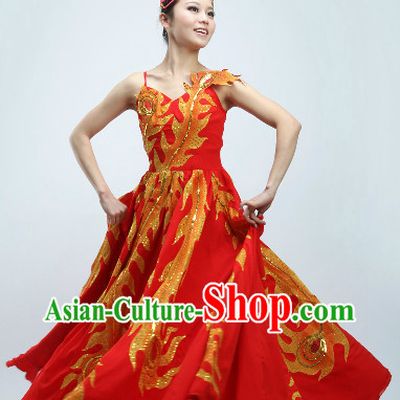 Big Expansion Skirt Golden Phoenix Tail Dance Costumes and Headwear
