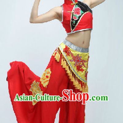 Mandarin Collar Chinese Folk Handkerchief Dance Costumes with Wide Leggings