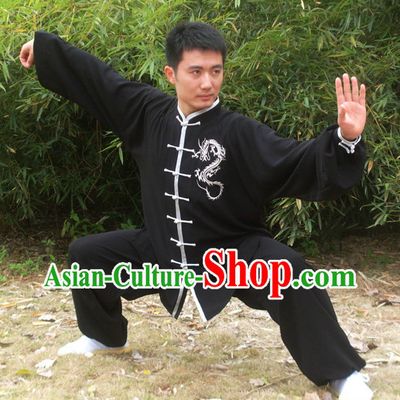 Morning Practice Black Kung Fu Uniform with Silver Dragon