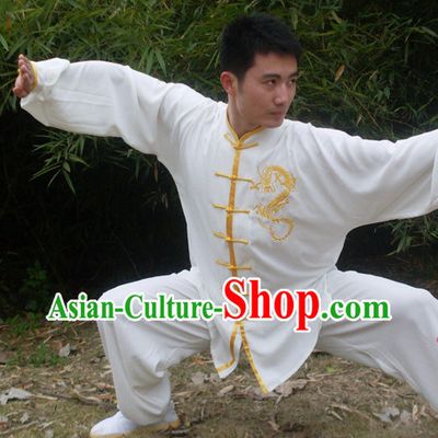 Morning Practice White Kung Fu Uniform with Gold Dragon