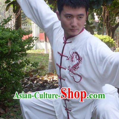 Kung Fu Practice White Blouse and Pants with Red Dragon