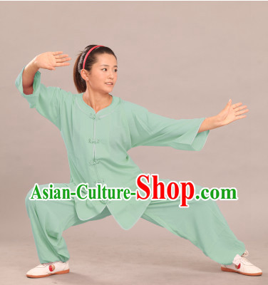 Green Round Collar Tai Chi Summer Wear Suit