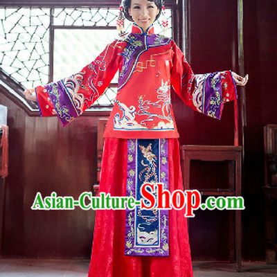 Traditional Chinese Romantic Phoenix Wedding Blouse and Skirt for Brides