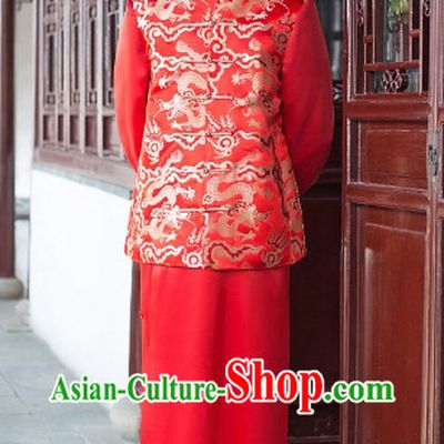 Chinese Classical Red Dragon Suit and Hat for Bridegrooms