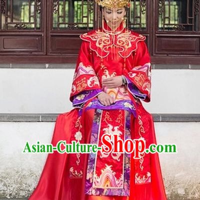 Traditional Chinese Red Phoenix Brides Wedding Blouse, Skirt and Phoenix Coronet