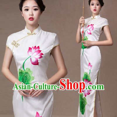 Lotus Embroidery Long Cheongsam and Umbrella