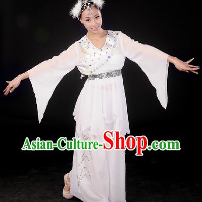 Professional Stage Performance White Fan Dancing Costumes Complete Set